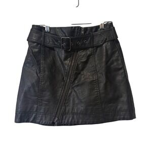 Free People Black Vegan‎ Leather Belted Mini Skirt Asymmetrical Zip Size 0 Punk